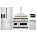 ZLINE 5-Piece Appliance Package - 48-Inch Gas Range, Hood, Refrigerator with Water Dispenser, Dishwasher, and Microwave Drawer in Stainless Steel with Champagne Bronze Accents