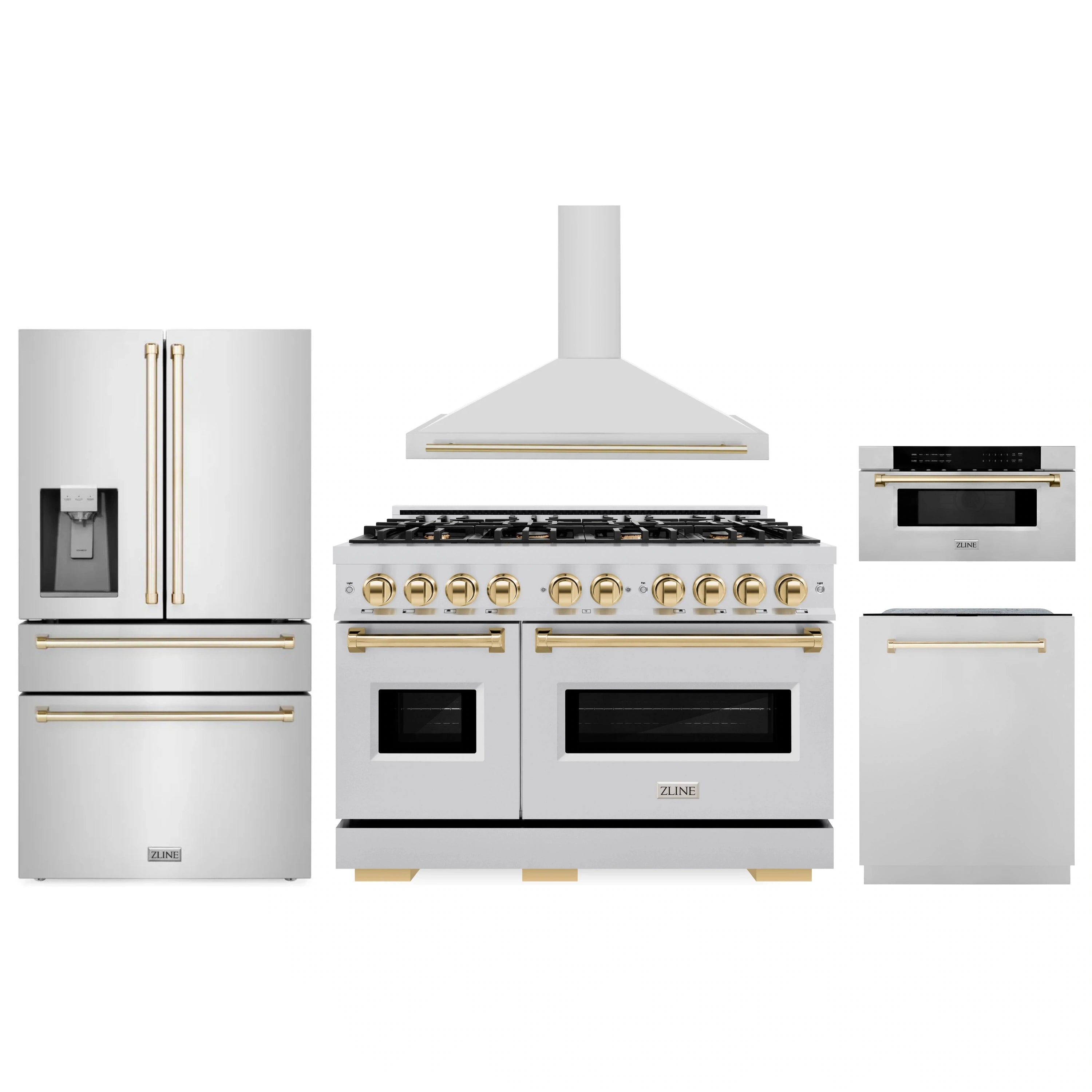 Stainless steel appliance set with gold accents: refrigerator, gas range, hood, microwave, dishwasher
