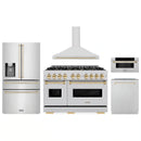 ZLINE 5-Piece Appliance Package - 48-Inch Autograph Edition Gas Range, Wall Mount Range Hood, 36-Inch French Door Refrigerator with Water Dispenser, Dishwasher, and 30-Inch Microwave Drawer in Stainless Steel with Gold Accents