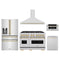 ZLINE 5-Piece Appliance Package - 48-Inch Autograph Edition Gas Range, Wall Mount Range Hood, 36-Inch French Door Refrigerator with Water Dispenser, Dishwasher, and 30-Inch Microwave Drawer in Stainless Steel with Gold Accents