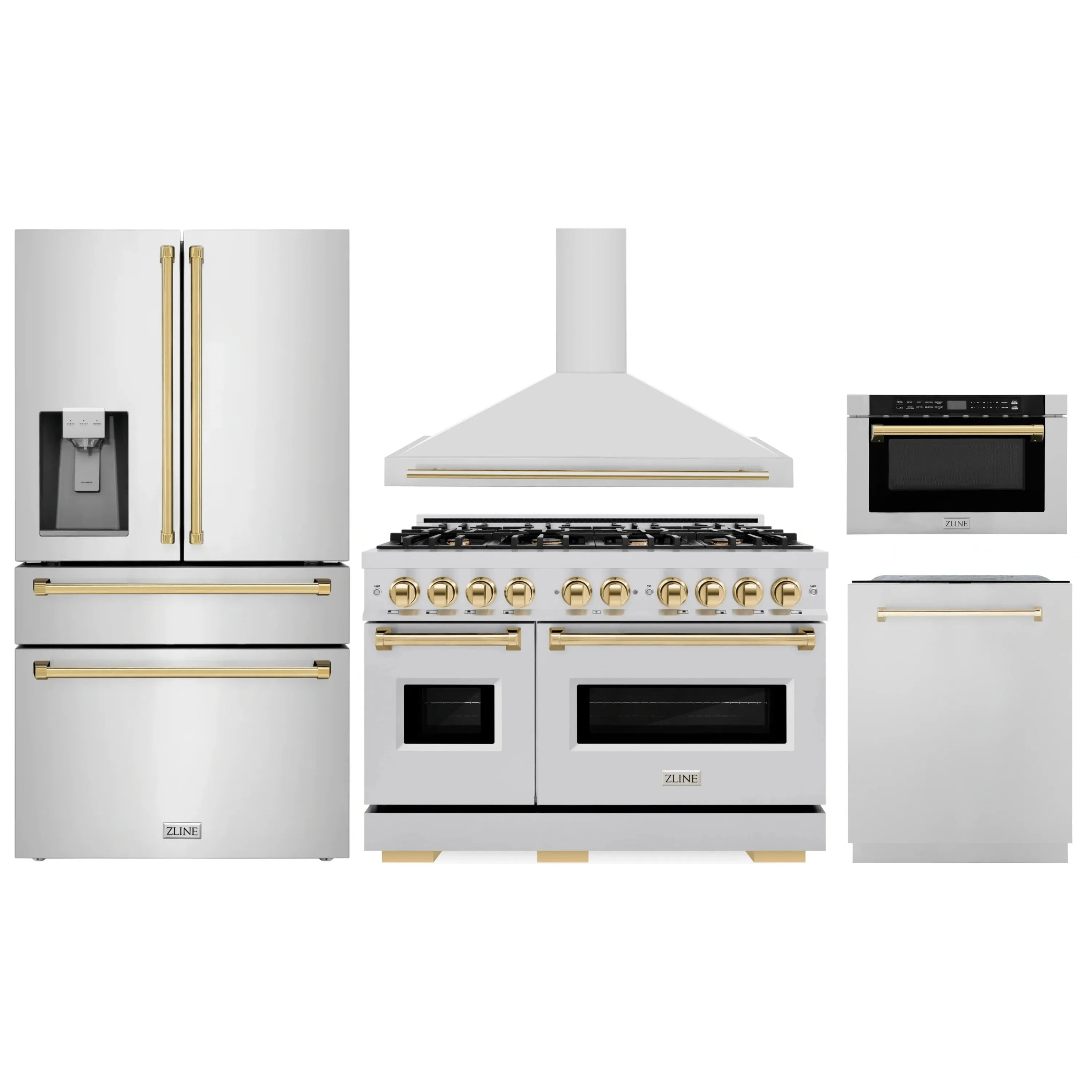 Stainless steel appliance package with gold accents: gas range hood, microwave, fridge, dishwasher