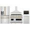 ZLINE 5-Piece Appliance Package - 48-Inch Gas Range, Hood, Refrigerator with Water Dispenser, Dishwasher, and Microwave Drawer in Stainless Steel with Gold Accents