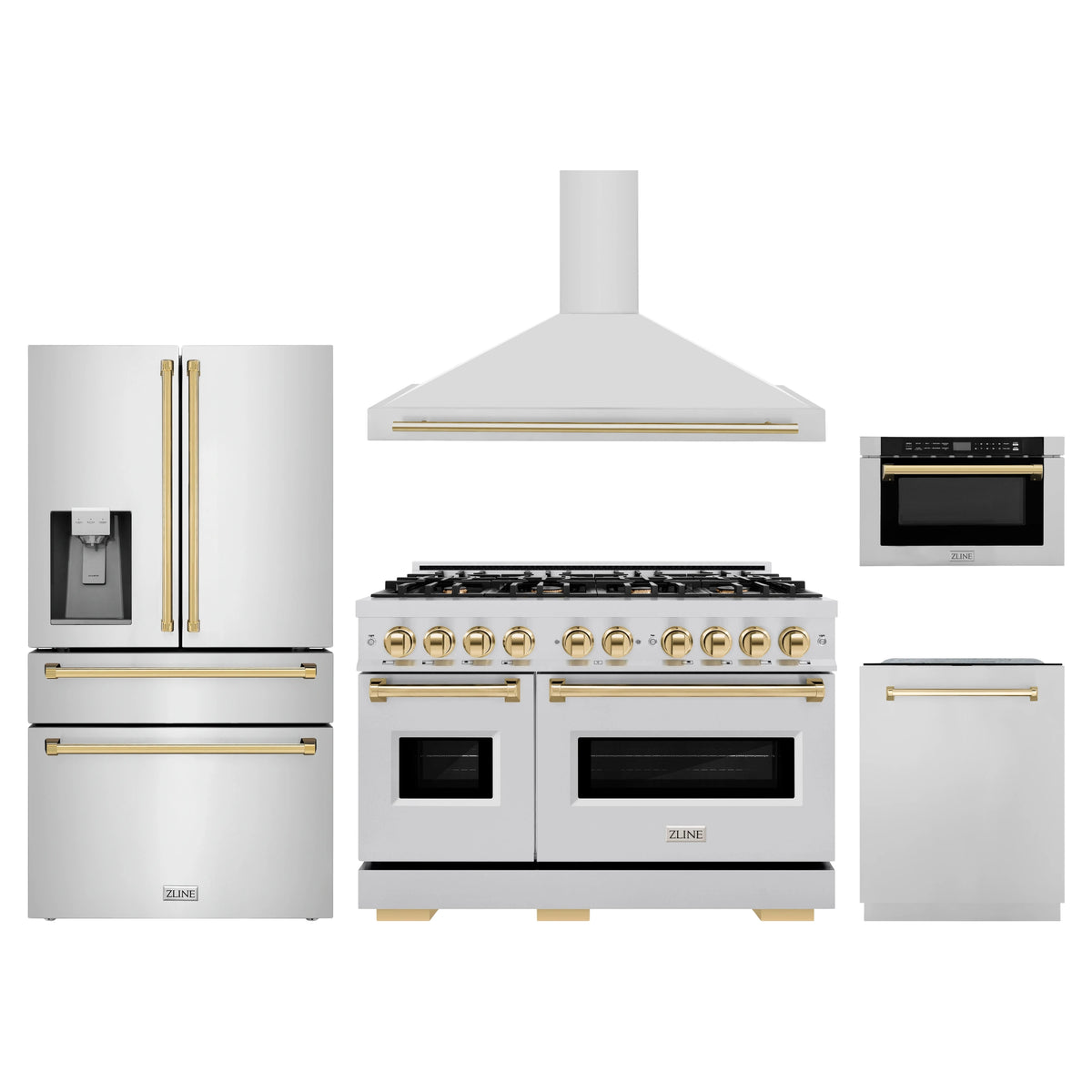 ZLINE 5-Piece Appliance Package - 48-Inch Gas Range, Hood, Refrigerator with Water Dispenser, Dishwasher, and Microwave Drawer in Stainless Steel with Gold Accents