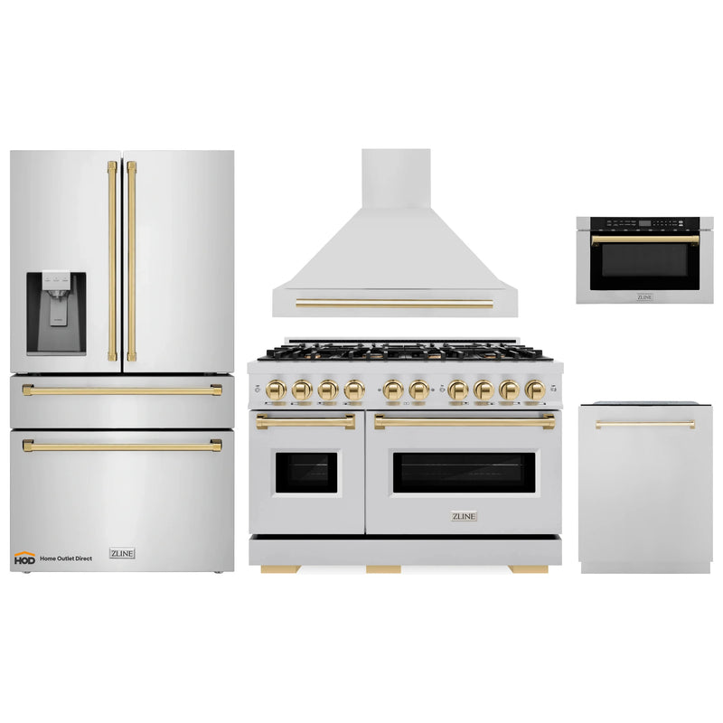 ZLINE 5-Piece Appliance Package - 48-Inch Gas Range, Hood, Refrigerator with Water Dispenser, Dishwasher, and Microwave Drawer in Stainless Steel with Gold Accents