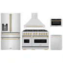 ZLINE 5-Piece Appliance Package - 48-Inch Gas Range, Hood, Refrigerator with Water Dispenser, Dishwasher, and Microwave Drawer in Stainless Steel with Gold Accents