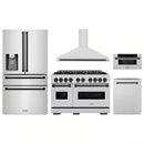 ZLINE 5-Piece Appliance Package - 48-Inch Autograph Edition Gas Range, Wall Mount Range Hood, 36-Inch French Door Refrigerator with Water Dispenser, Dishwasher, and 30-Inch Microwave Drawer in Stainless Steel Matte Black Accents