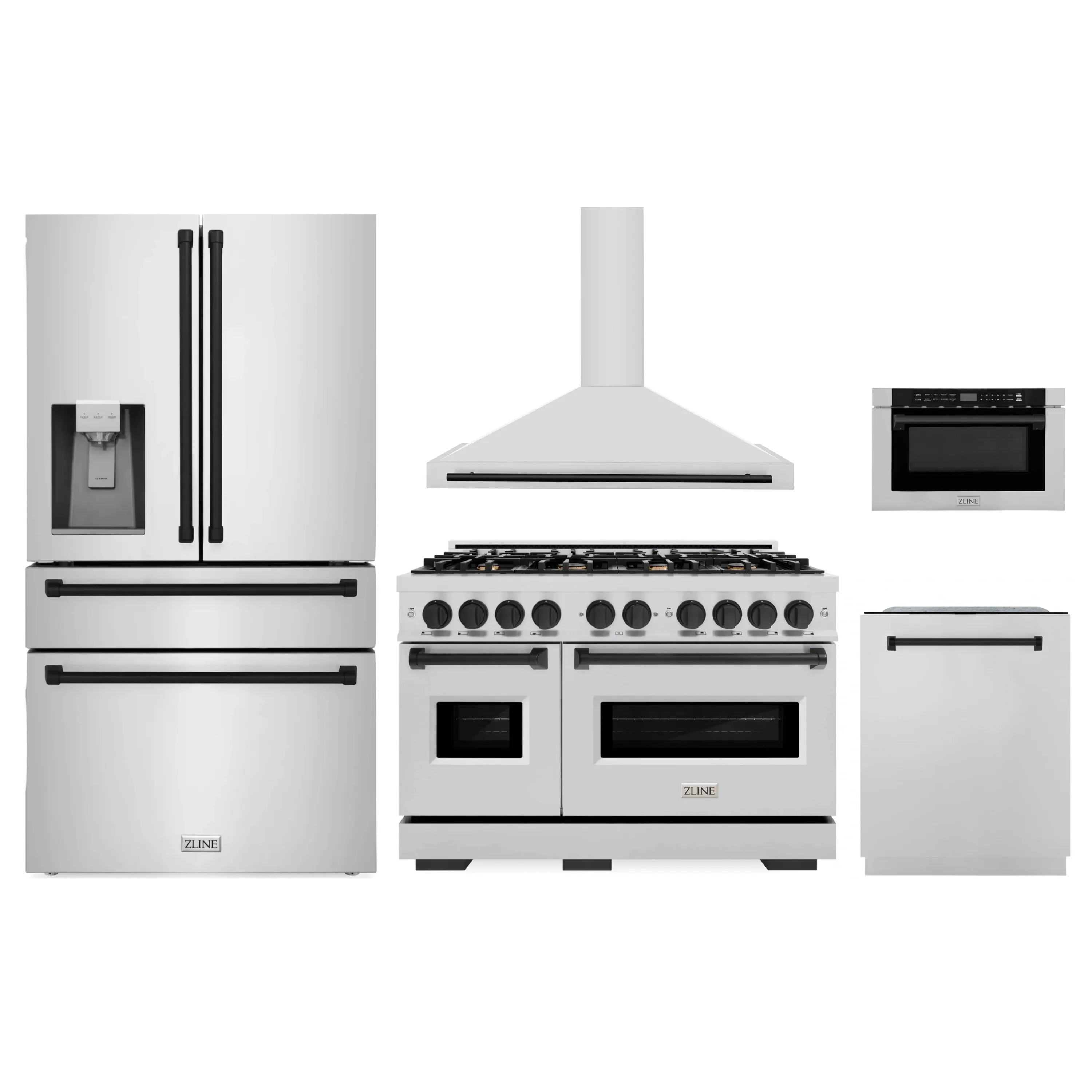 5-piece stainless steel kitchen appliance package with matte black accents