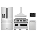 ZLINE 5-Piece Appliance Package - 48-Inch Gas Range, Hood, Refrigerator with Water Dispenser, Dishwasher, and Microwave Drawer in Stainless Steel with Matte Black Accents