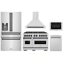 ZLINE 5-Piece Appliance Package - 48-Inch Gas Range, Hood, Refrigerator with Water Dispenser, Dishwasher, and Microwave Drawer in Stainless Steel with Matte Black Accents