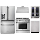 Thor Kitchen 5-Piece Pro Appliance Package - 36-Inch Dual Fuel Range, Refrigerator with Water Dispenser, Under Cabinet Hood, Dishwasher, & Wine Cooler in Stainless Steel