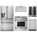 Thor Kitchen 5-Piece Pro Appliance Package - 36-Inch Dual Fuel Range with Propane Gas Cooktop , Refrigerator with Water Dispenser, Under Cabinet Hood, Dishwasher, & Wine Cooler in Stainless Steel