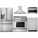 Thor Kitchen 5-Piece Pro Appliance Package - 36-Inch Dual Fuel Range with Propane Gas Cooktop , Refrigerator with Water Dispenser, Wall Mount Hood, Dishwasher & Microwave Drawer in Stainless Steel