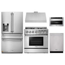 Thor Kitchen 5-Piece Pro Appliance Package - 36-Inch Dual Fuel Range with Propane Gas Cooktop , Refrigerator with Water Dispenser, Under Cabinet Hood, Dishwasher, & Microwave Drawer in Stainless Steel