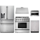 Thor Kitchen 5-Piece Pro Appliance Package - 36-Inch Dual Fuel Range, Refrigerator with Water Dispenser, Under Cabinet Hood, Dishwasher, & Microwave Drawer in Stainless Steel