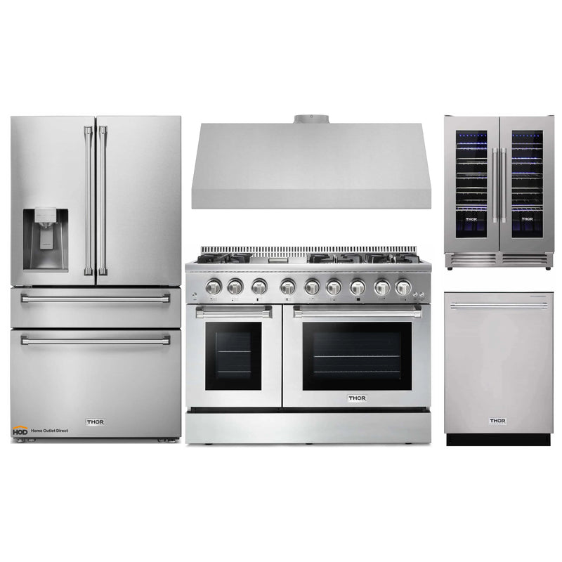 Thor Kitchen 5-Piece Pro Appliance Package - 48-Inch Dual Fuel Range, Under Cabinet 11-Inch Tall Hood, Refrigerator with Water Dispenser, Dishwasher, & Wine Cooler in Stainless Steel