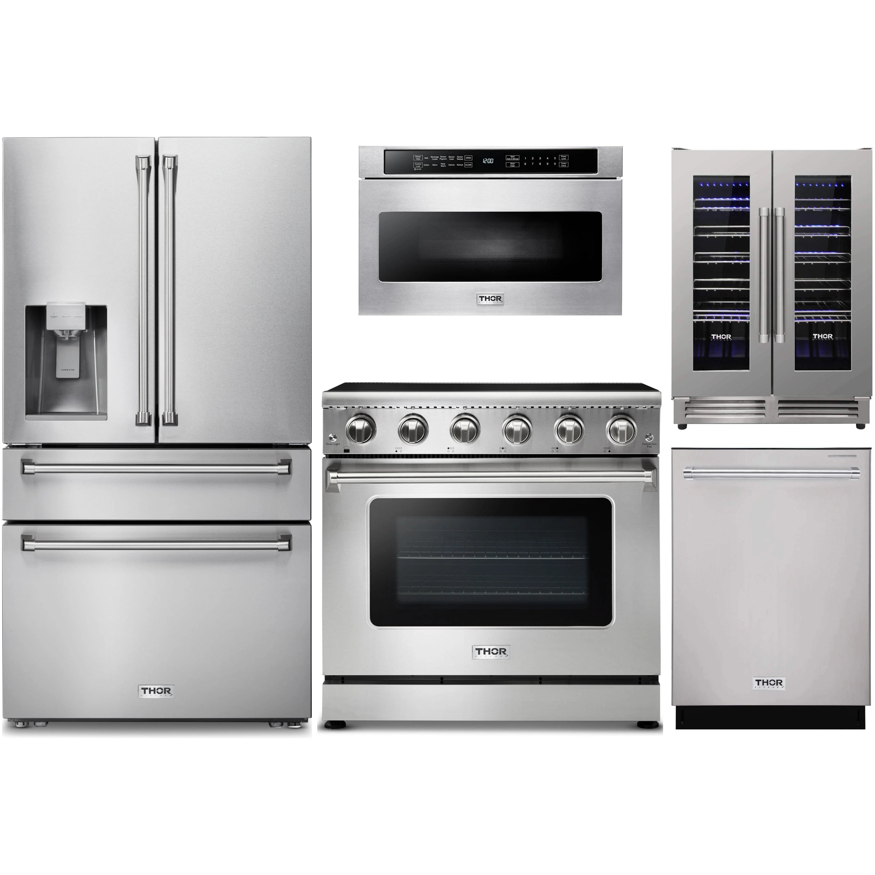 Stainless steel appliance package with refrigerator, electric range, and wine cooler