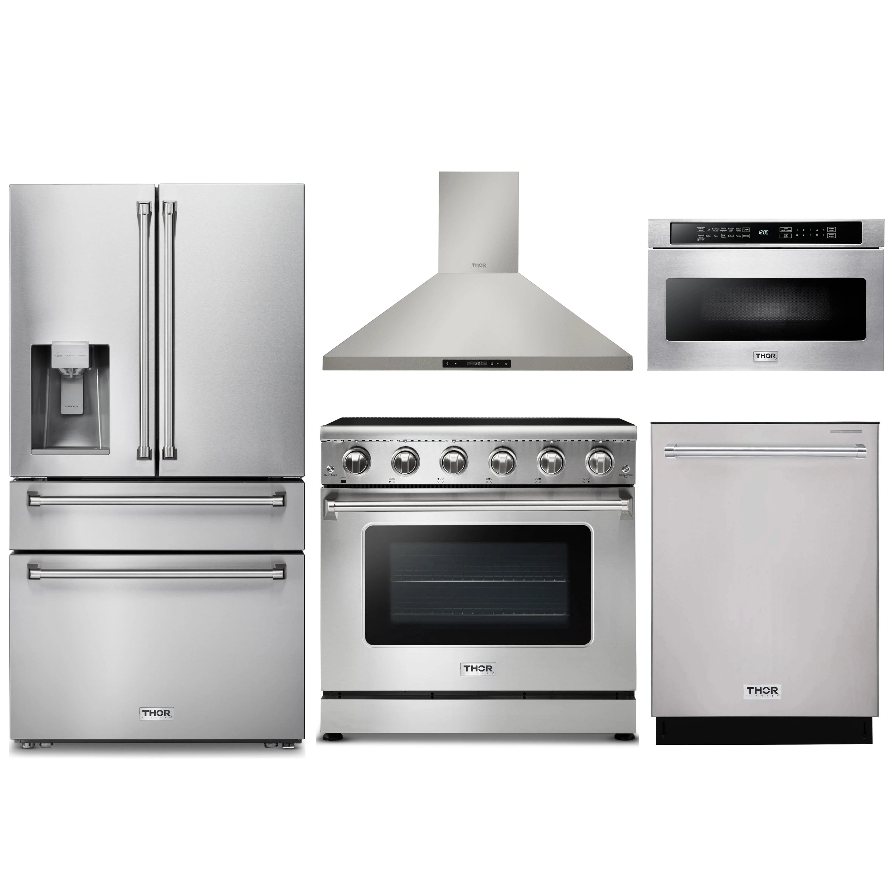Stainless steel appliance package: refrigerator, electric range, hood, dishwasher, microwave drawer