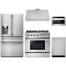 Thor Kitchen 5-Piece Pro Appliance Package - 36-Inch Propane Gas Range, Refrigerator with Water Dispenser, Under Cabinet Hood, Dishwasher, & Microwave Drawer in Stainless Steel