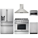 Thor Kitchen 5-Piece Pro Appliance Package - 36-Inch Propane Gas Range, Refrigerator with Water Dispenser, Wall Mount Hood, Dishwasher, & Microwave Drawer in Stainless Steel
