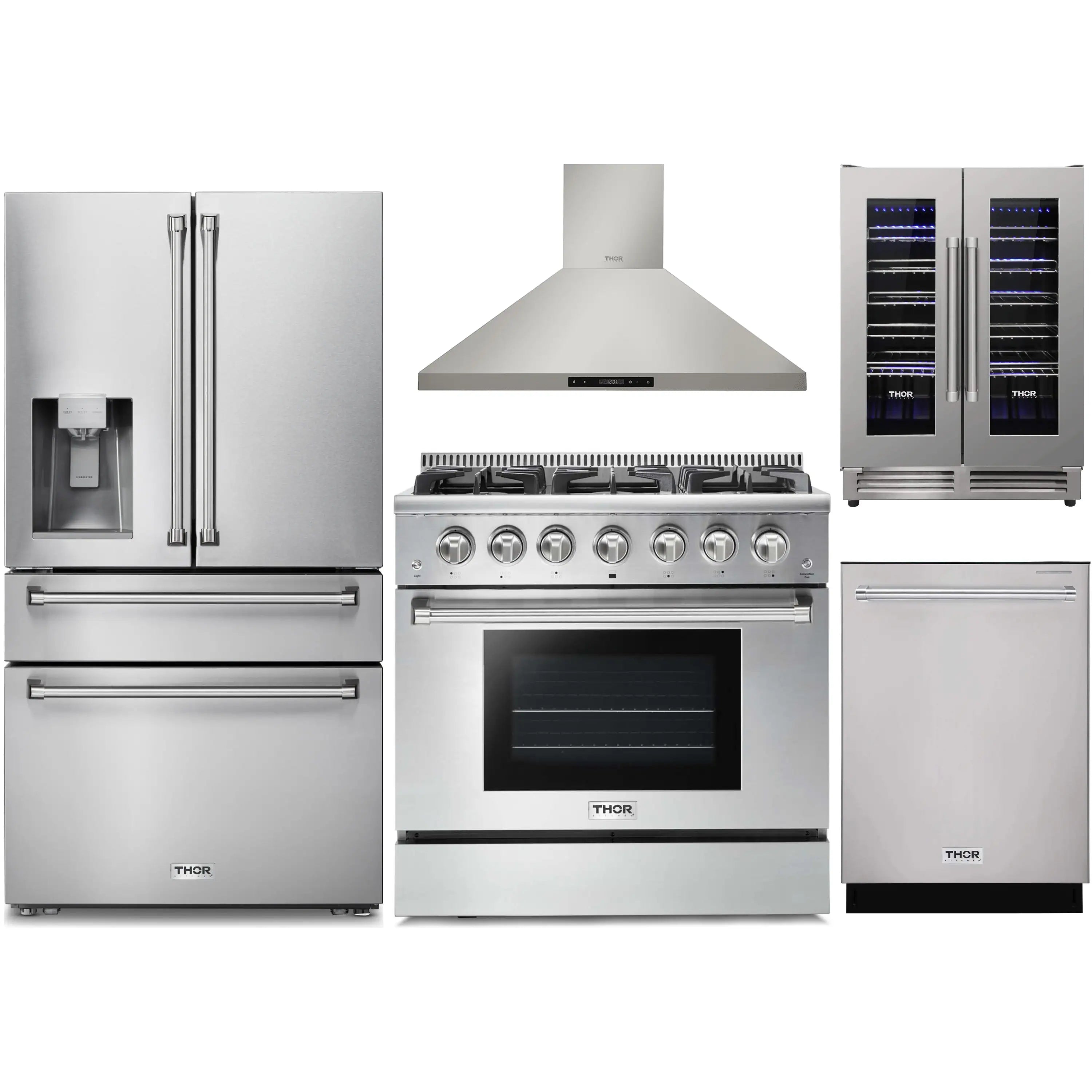 Stainless steel 5-piece kitchen appliance set: range, hood, refrigerator, dishwasher, wine cooler