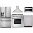 Thor Kitchen 5-Piece Pro Appliance Package - 36-Inch Propane Gas Range, Refrigerator with Water Dispenser, Wall Mount Hood, Dishwasher, & Microwave Drawer in Stainless Steel