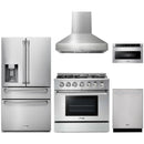 Thor Kitchen 5-Piece Pro Appliance Package - 36-Inch Propane Gas Range, Refrigerator with Water Dispenser, Pro-Style Wall Mount Hood, Dishwasher, & Microwave Drawer in Stainless Steel