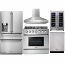 Thor Kitchen 5-Piece Pro Appliance Package - 36-Inch Propane Gas Range, Refrigerator with Water Dispenser, Pro-Style Wall Mount Hood, Dishwasher, & Wine Cooler in Stainless Steel