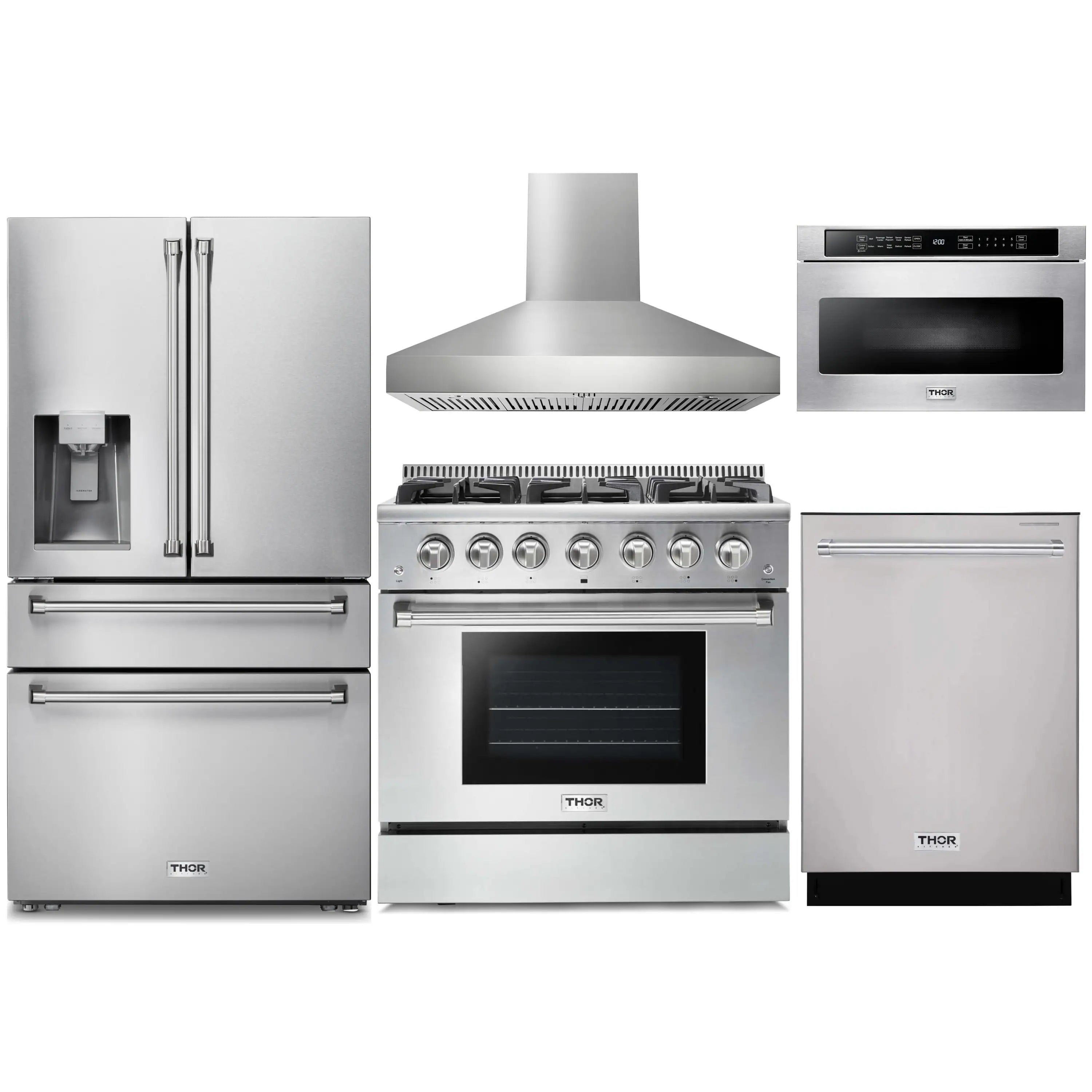 Stainless steel kitchen appliance set with refrigerator, hood, gas range, and dishwasher