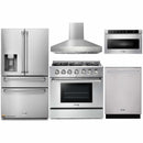 Thor Kitchen 5-Piece Pro Appliance Package - 36-Inch Propane Gas Range, Refrigerator with Water Dispenser, Pro-Style Wall Mount Hood, Dishwasher, & Microwave Drawer in Stainless Steel