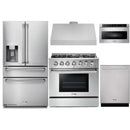 Thor Kitchen 5-Piece Pro Appliance Package - 36-Inch Propane Gas Range, Refrigerator with Water Dispenser, Under Cabinet Hood, Dishwasher, & Microwave Drawer in Stainless Steel