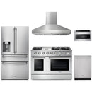 Thor Kitchen 5-Piece Pro Appliance Package - 48-Inch Propane Gas Range, Refrigerator with Water Dispenser, Dishwasher, Pro Wall Mount Hood, & Microwave Drawer in Stainless Steel