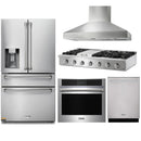 Thor Kitchen 5-Piece Pro Appliance Package - 48-Inch Propane Gas Rangetop , Electric Wall Oven, Pro Wall Mount Hood, Dishwasher & Refrigerator with Water Dispenser in Stainless Steel