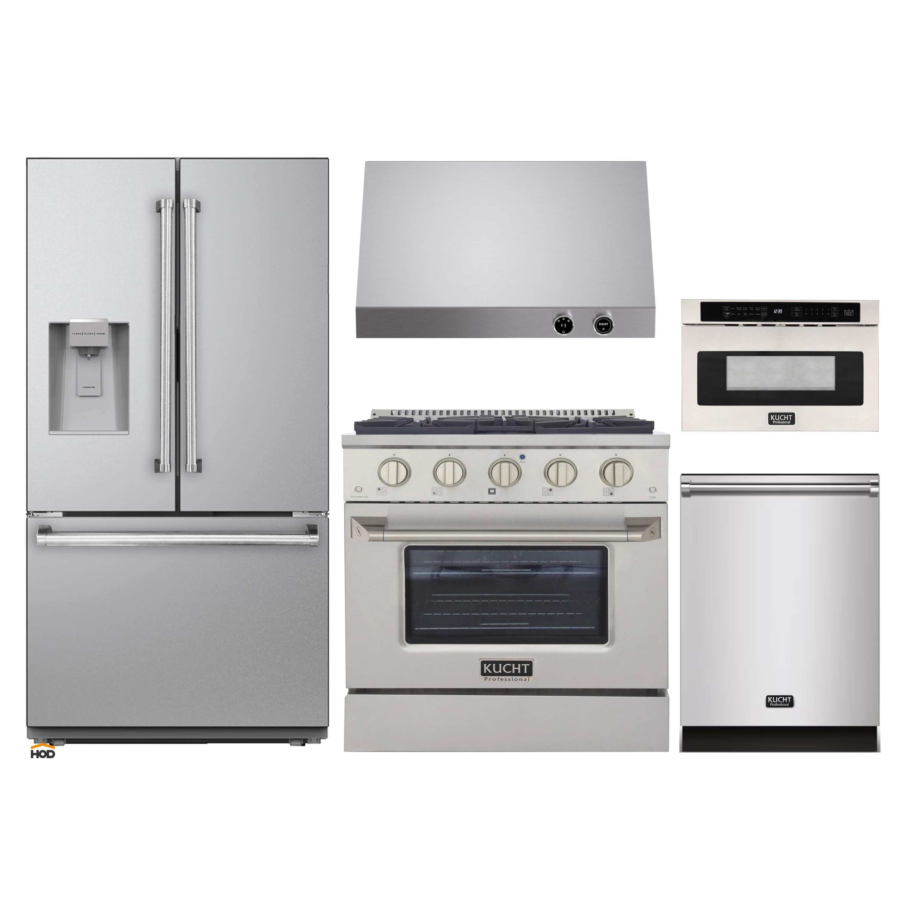Stainless 5-piece appliance set: refrigerator, range, wall oven, dishwasher, microwave drawer
