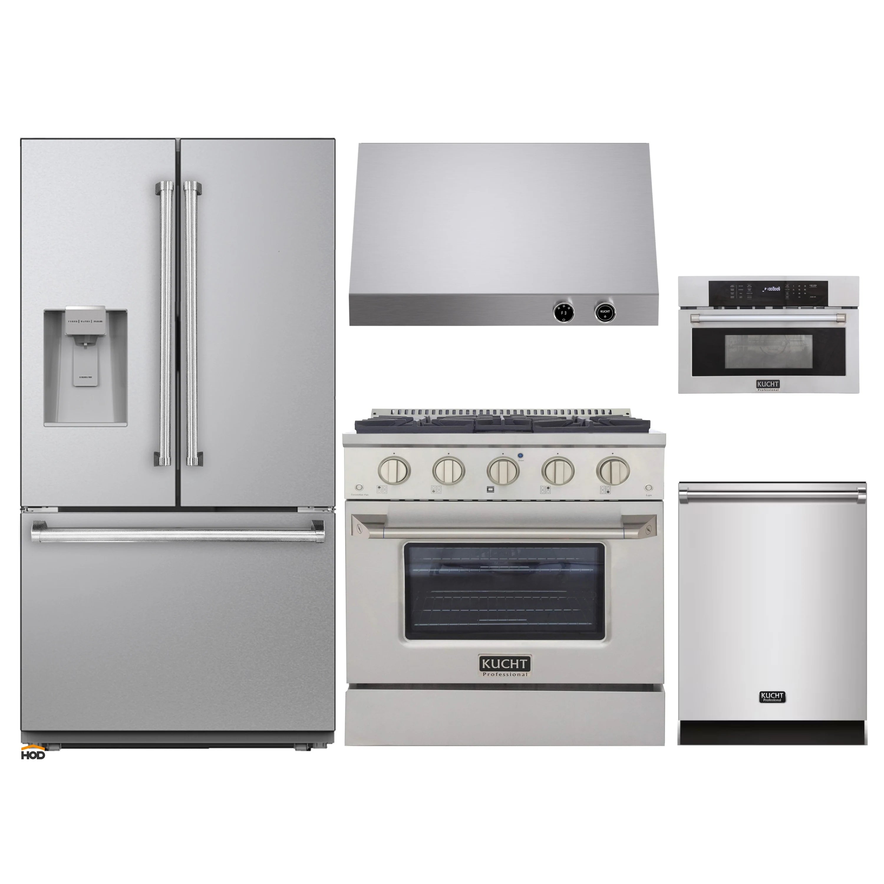 Stainless steel 5-piece kitchen appliance set: fridge, range, dishwasher, hood, wall oven