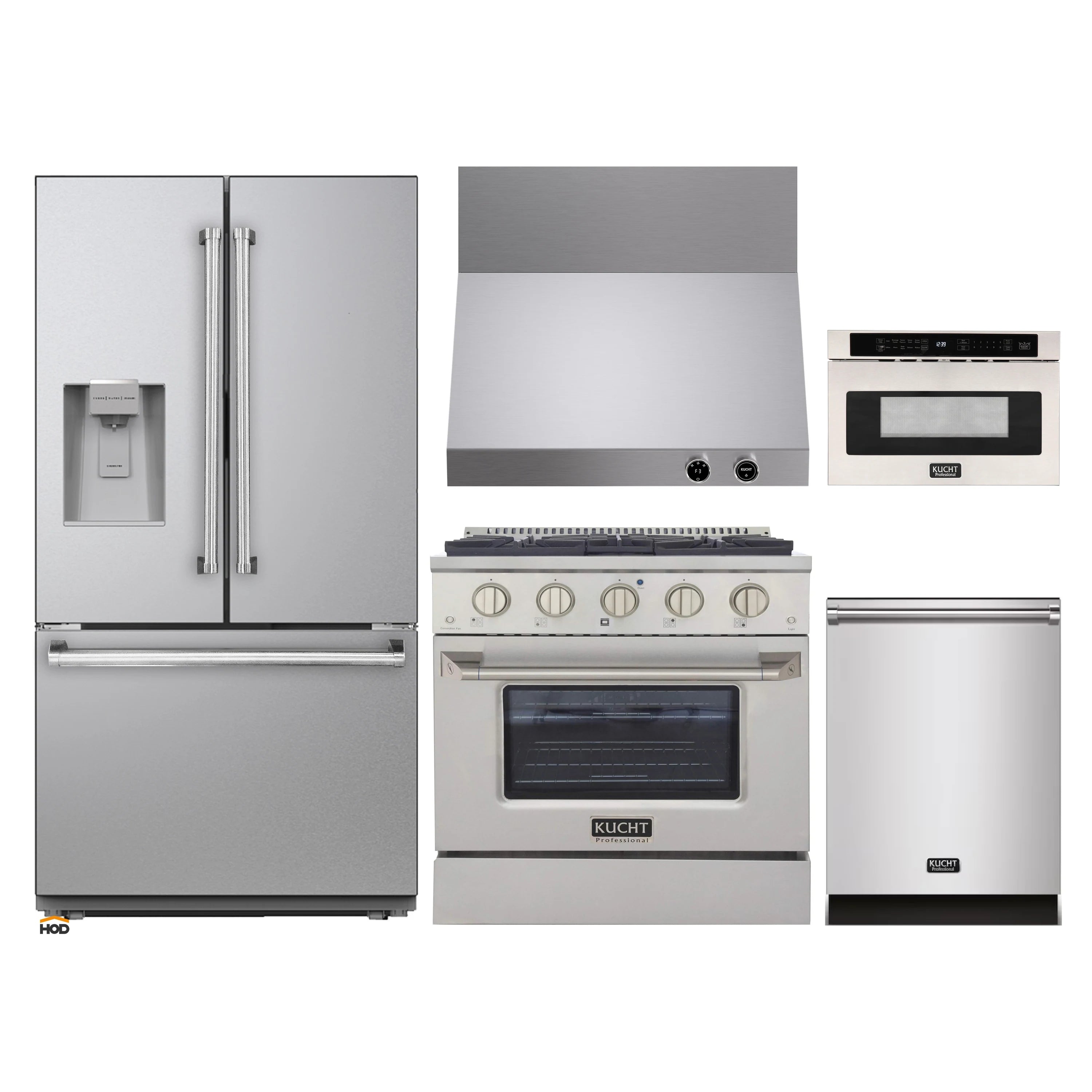 5-piece stainless steel appliance package with refrigerator, range, dishwasher, hood, and drawer