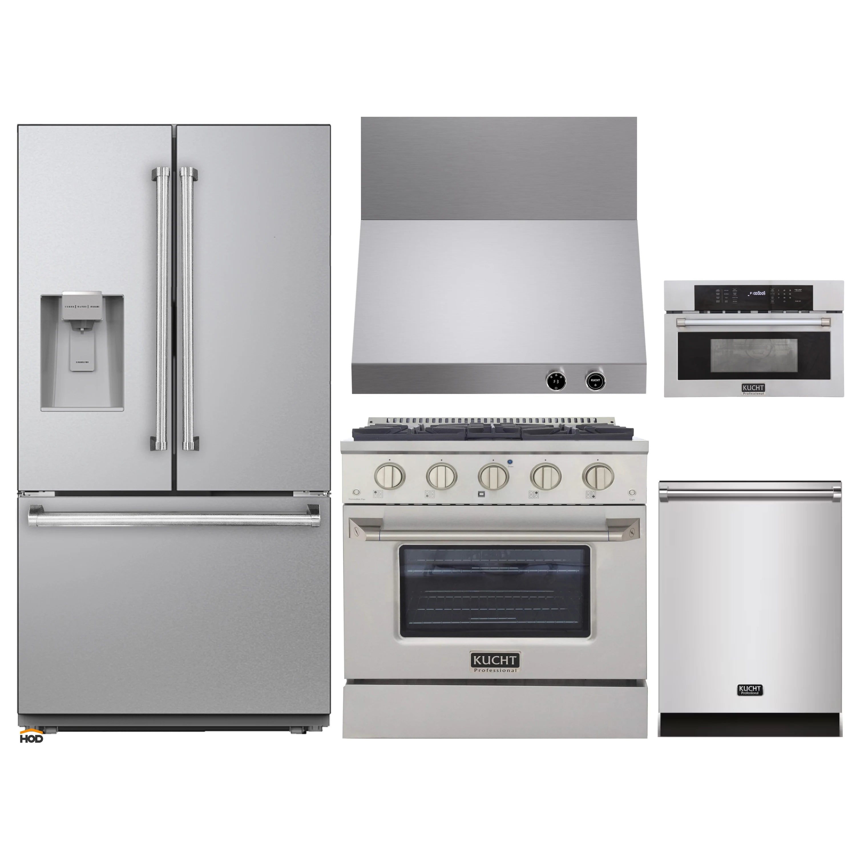 Kitchen appliance package with stainless refrigerator, range, hood, wall oven, dishwasher