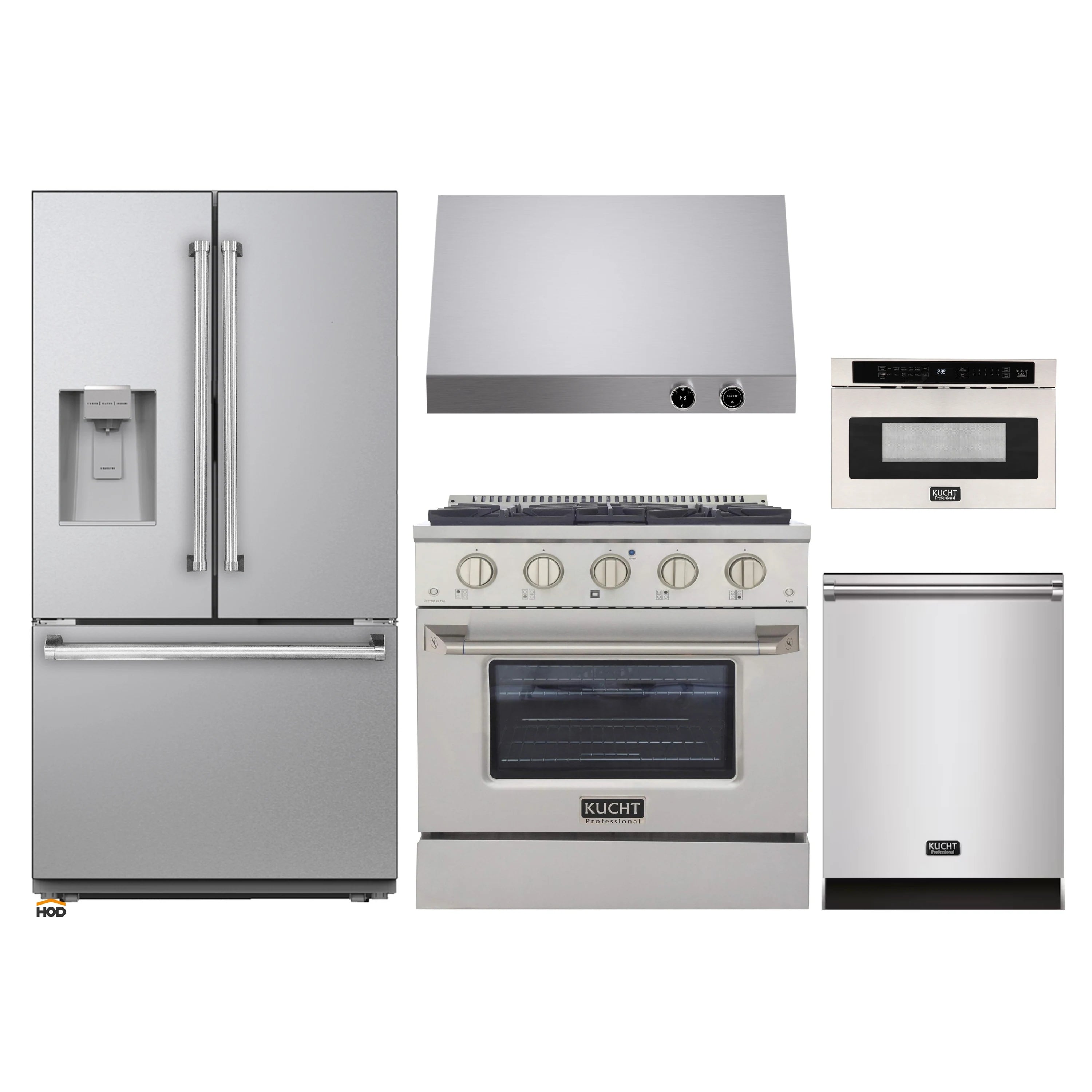 Stainless steel appliance package with refrigerator, range, microwave, hood, and dishwasher