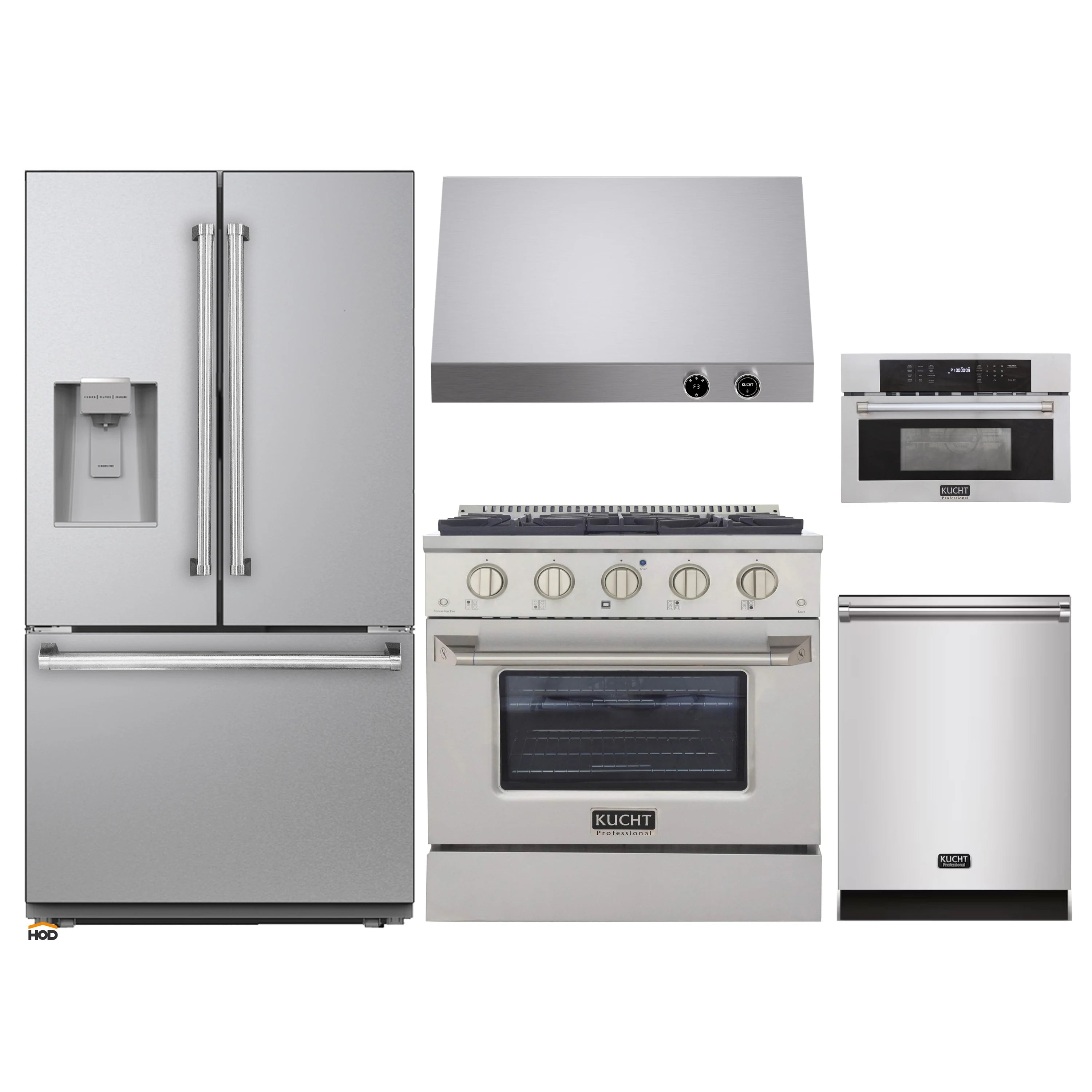 Stainless steel appliance set: refrigerator, range, dishwasher, wall oven