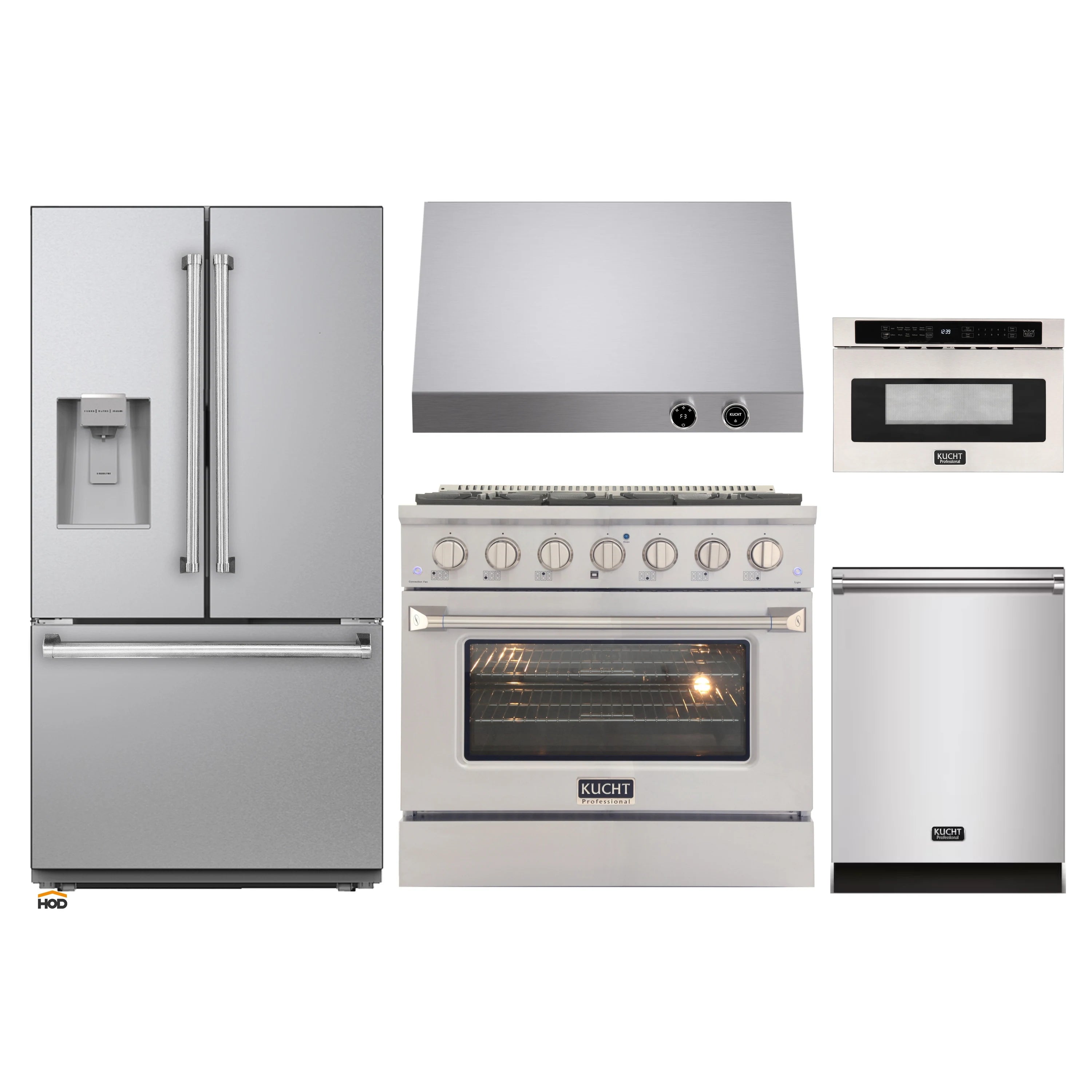 Kitchen appliance package: stainless refrigerator, range, hood, and dishwasher on display.