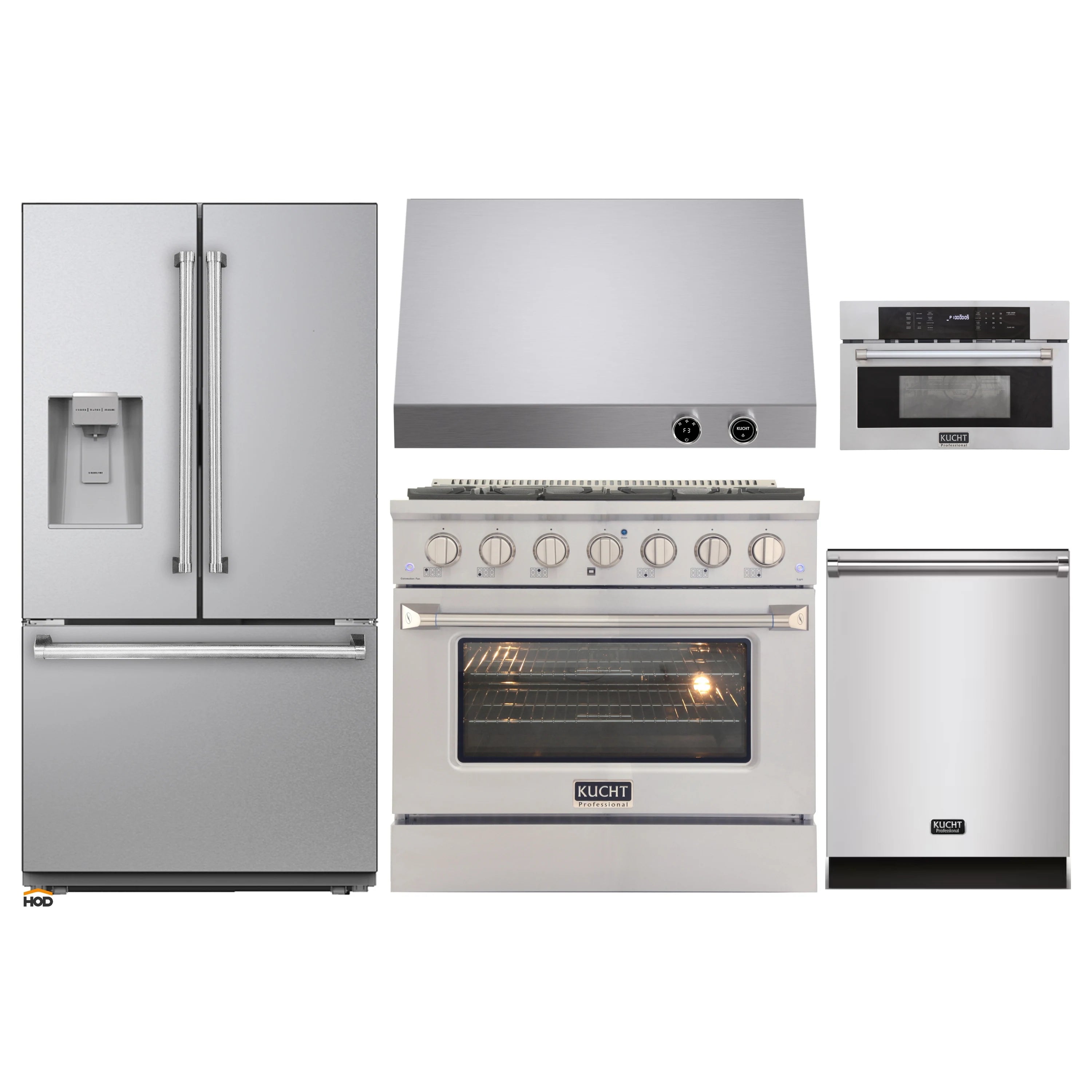 Kitchen appliance set in stainless: fridge, range, dishwasher, hood, wall oven