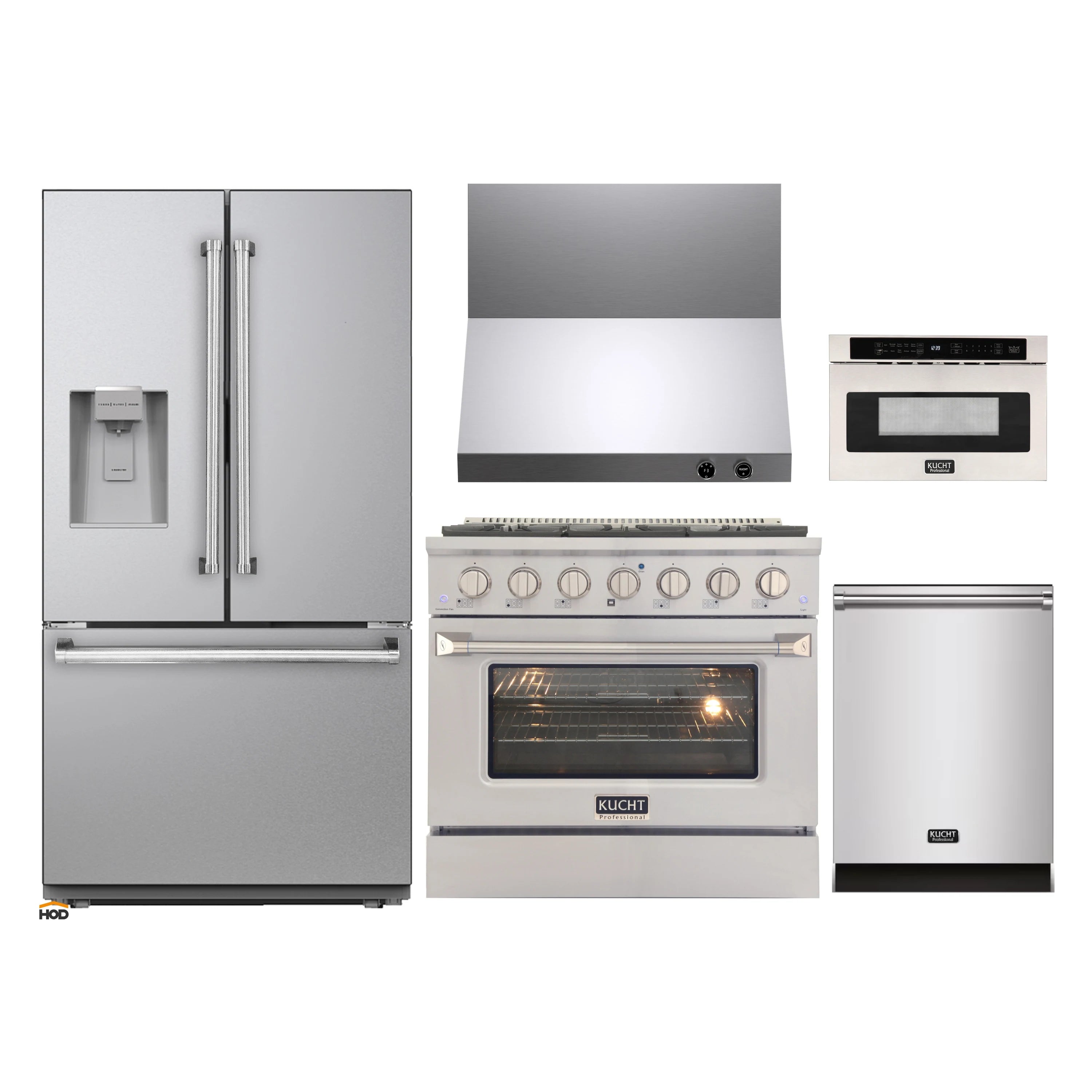 Stainless steel kitchen appliance package featuring refrigerator, range, dishwasher, and hood