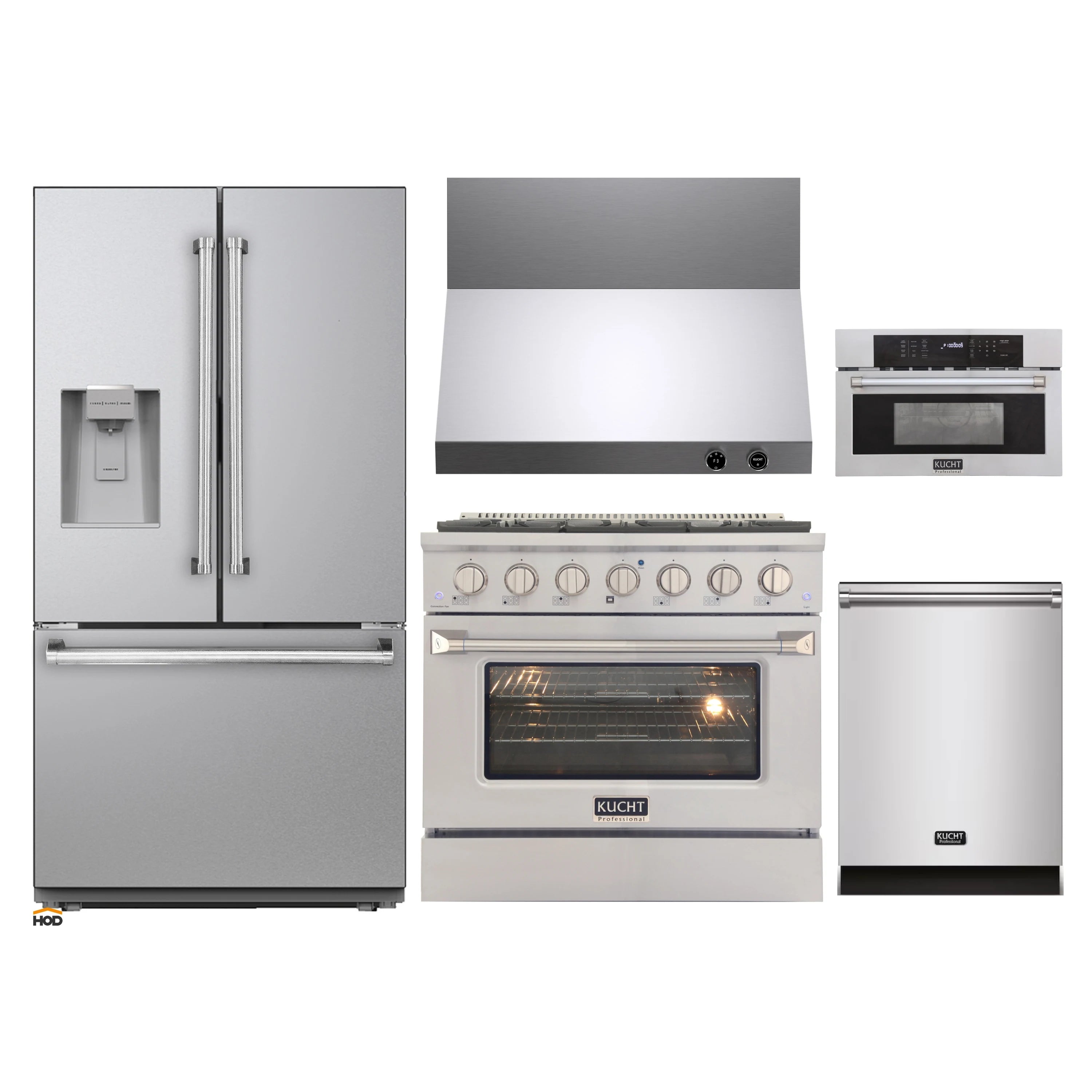 Stainless kitchen appliance package: refrigerator, dual-fuel range, dishwasher, and hood