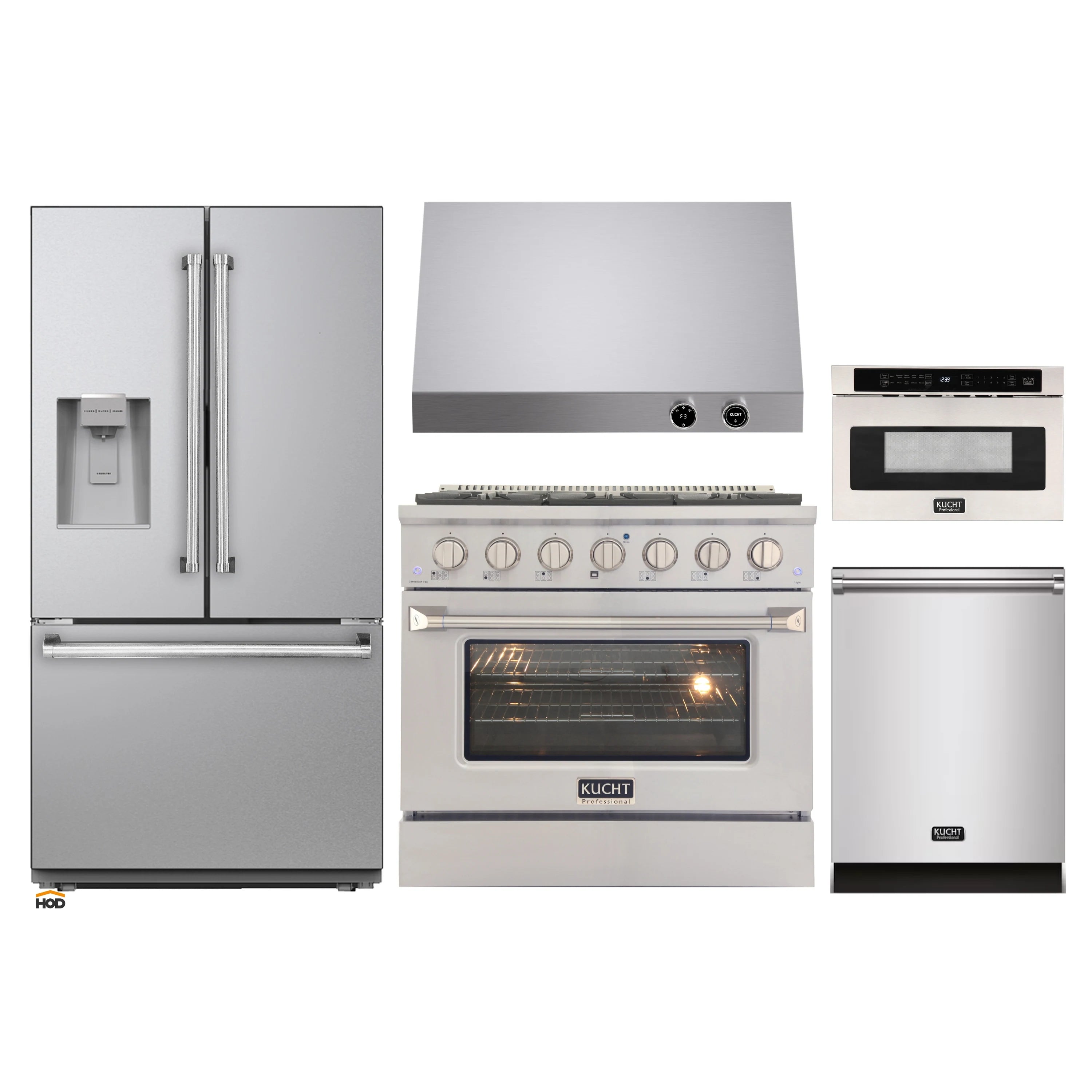 Stainless steel kitchen appliance set with refrigerator, range, dishwasher, and oven