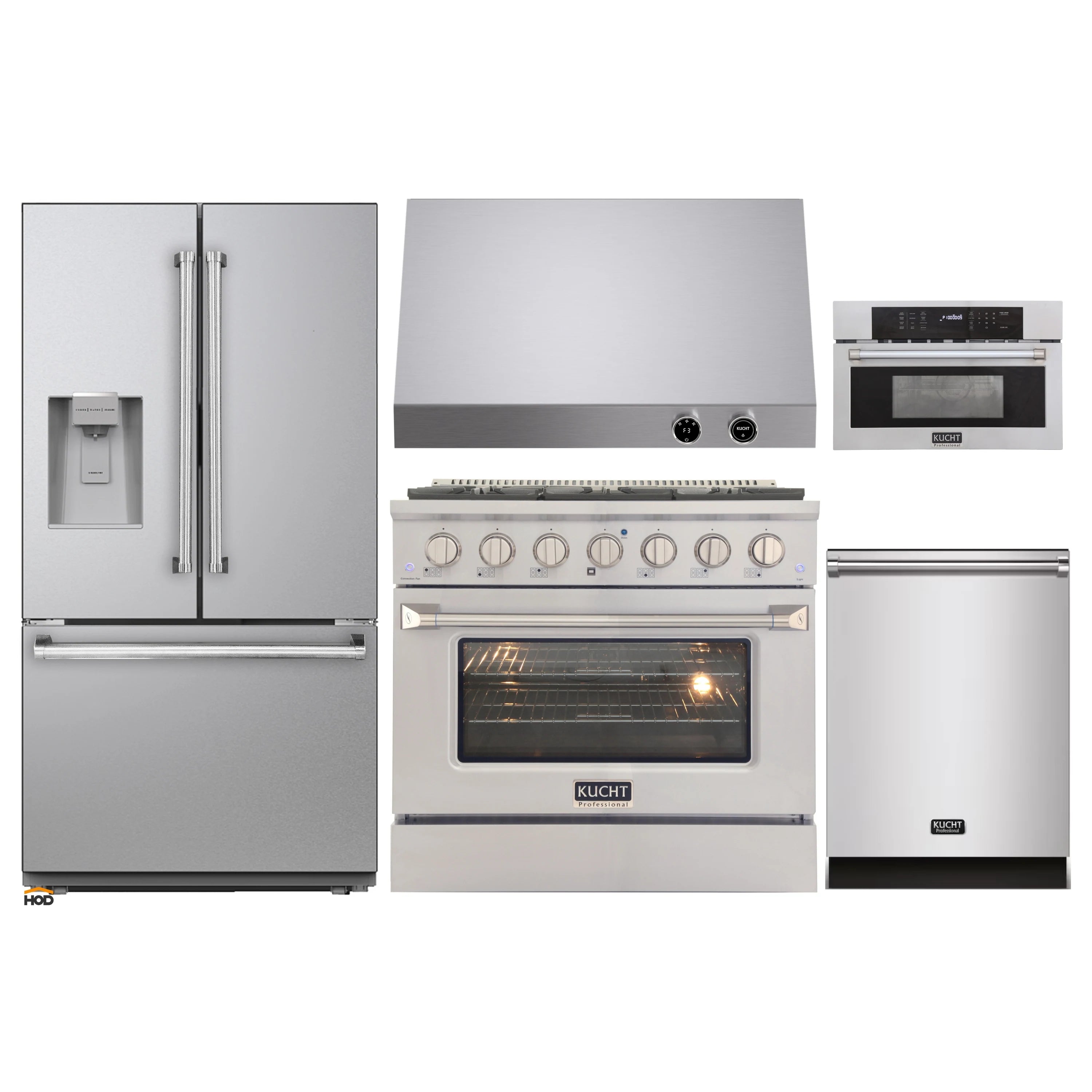 Stainless steel kitchen appliance set with refrigerator, range, wall oven, dishwasher, hood