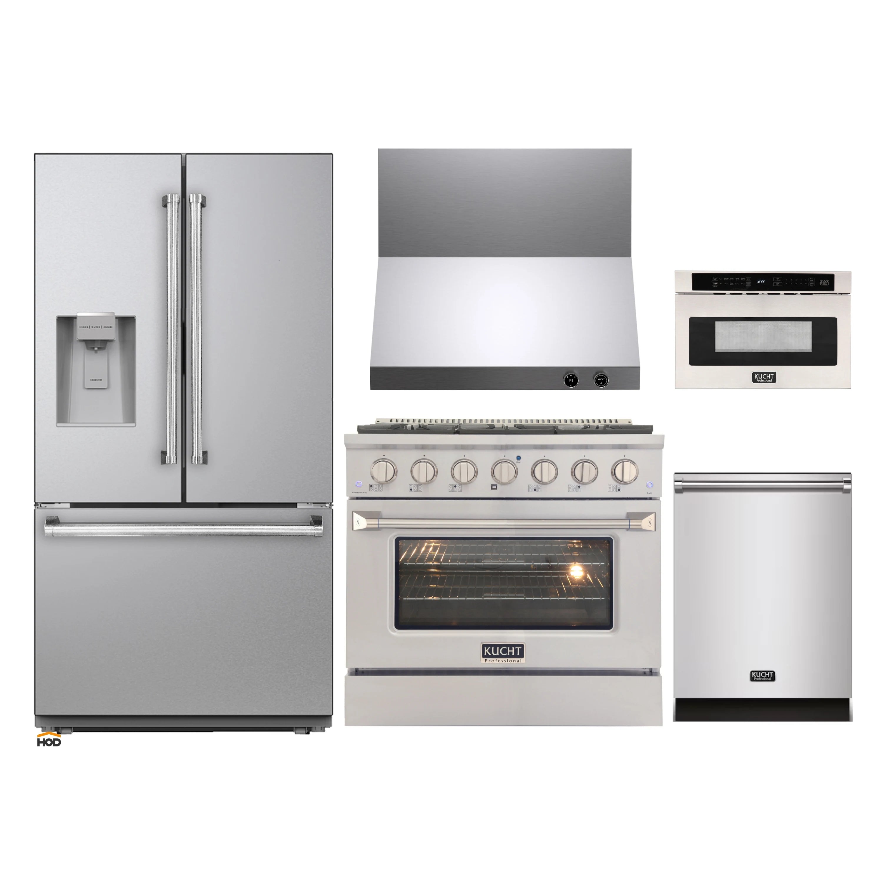 Stainless steel kitchen appliance package with refrigerator, range, dishwasher, and oven