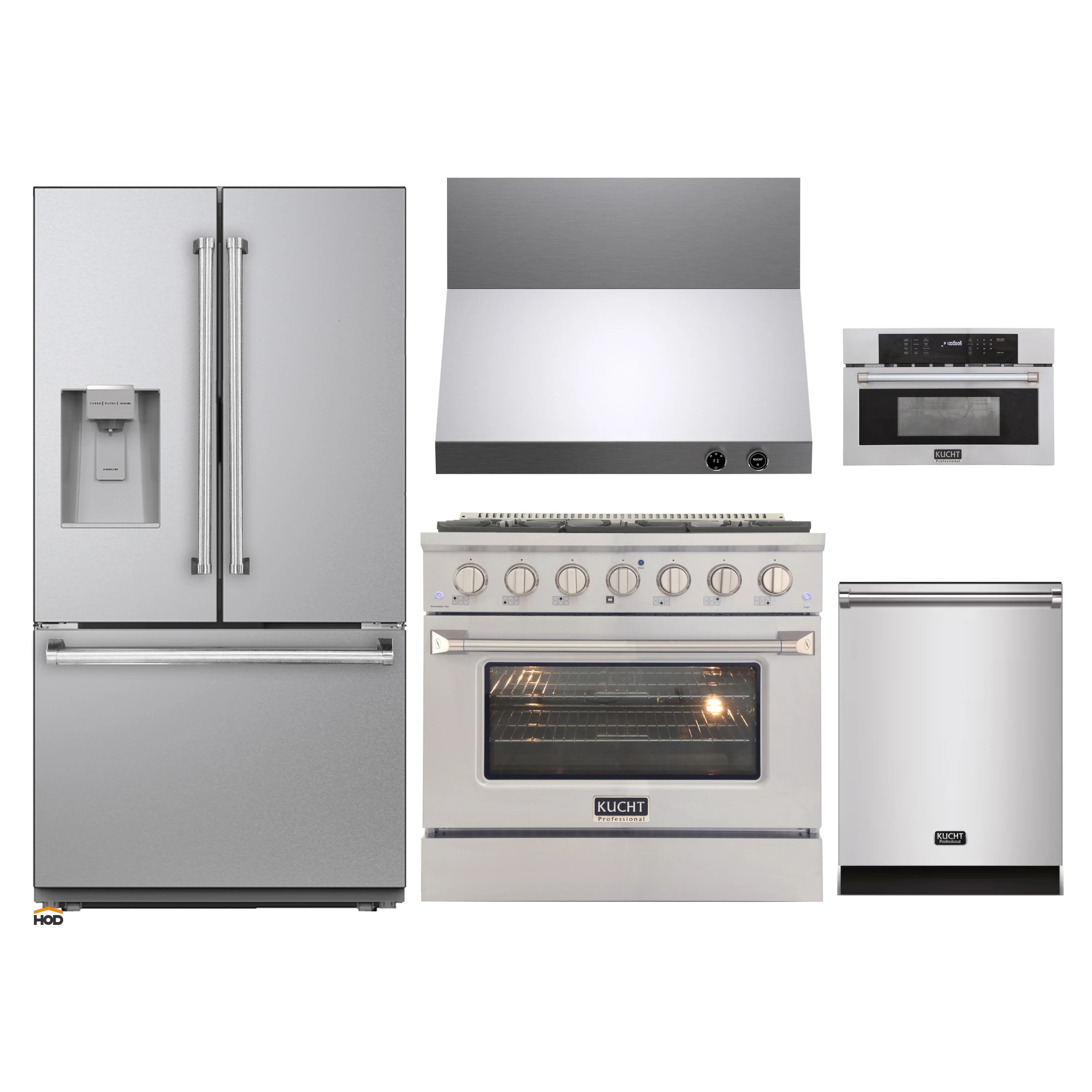 Stainless kitchen appliance package featuring refrigerator, range, dishwasher, and oven