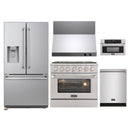 Kucht 5-Piece Appliance Package - 36-Inch Dual Fuel Range in Propane Gas, 36-Inch Refrigerator with Water Dispenser, Dishwasher, Wall Mount Range Hood, & Microwave Wall Oven in Stainless Steel