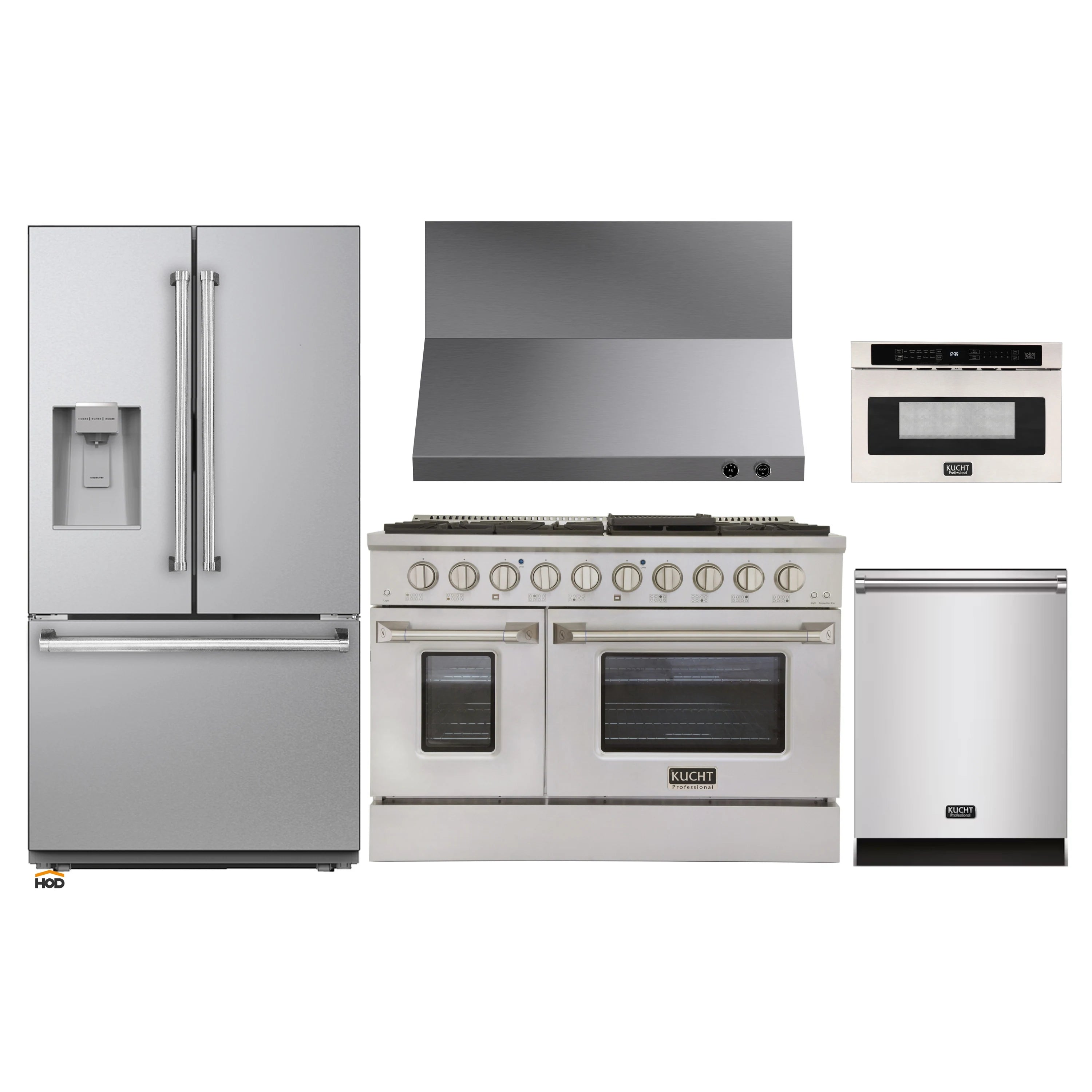 Stainless refrigerator, dual fuel range, and microwave drawer set
