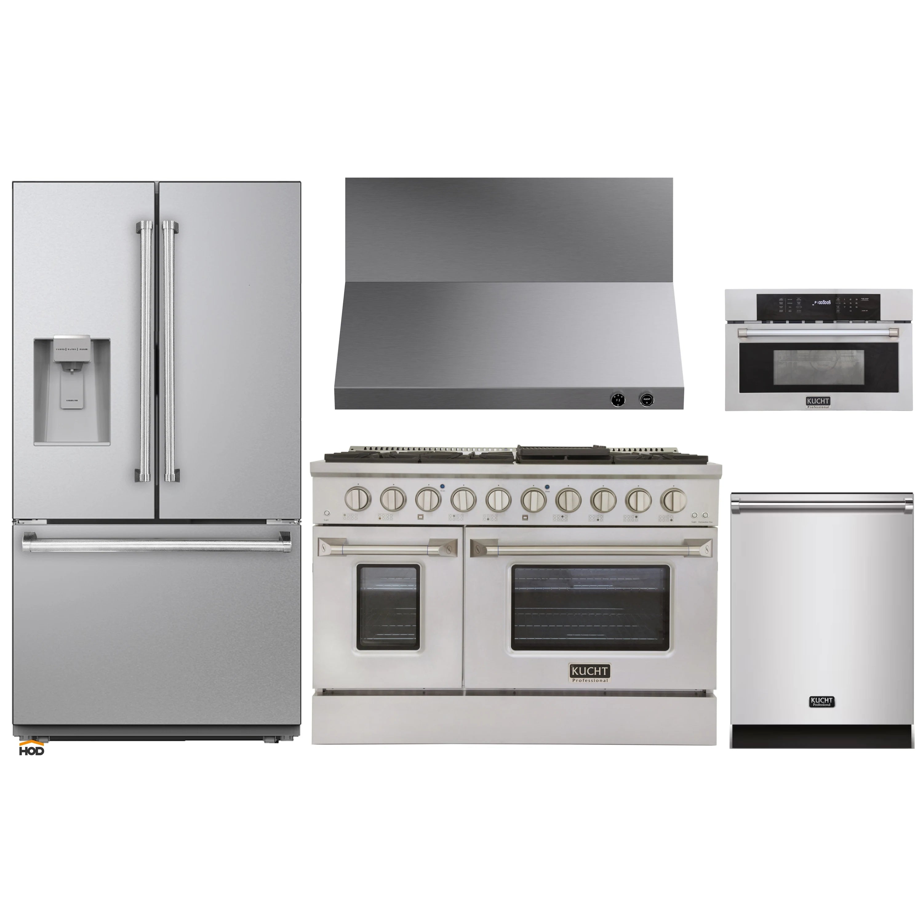 Stainless steel kitchen appliance set with range, hood, refrigerator, and microwave oven