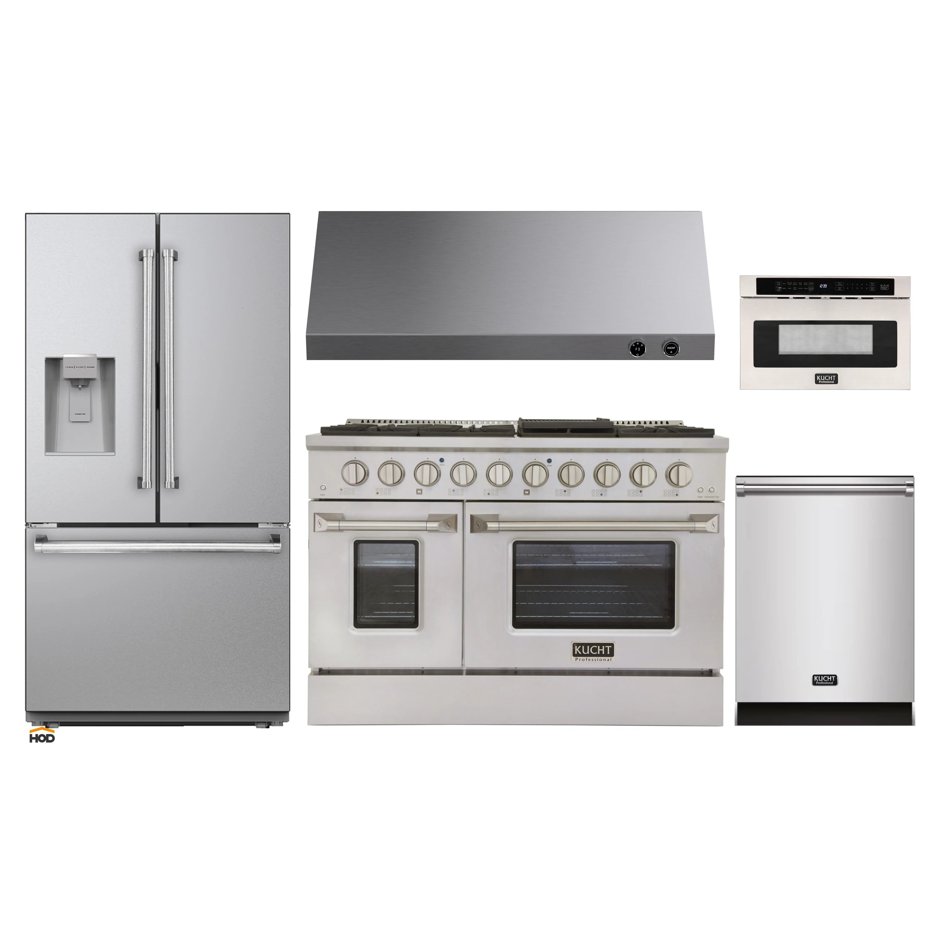 Stainless steel appliance package with range, hood, microwave drawer, refrigerator, dishwasher